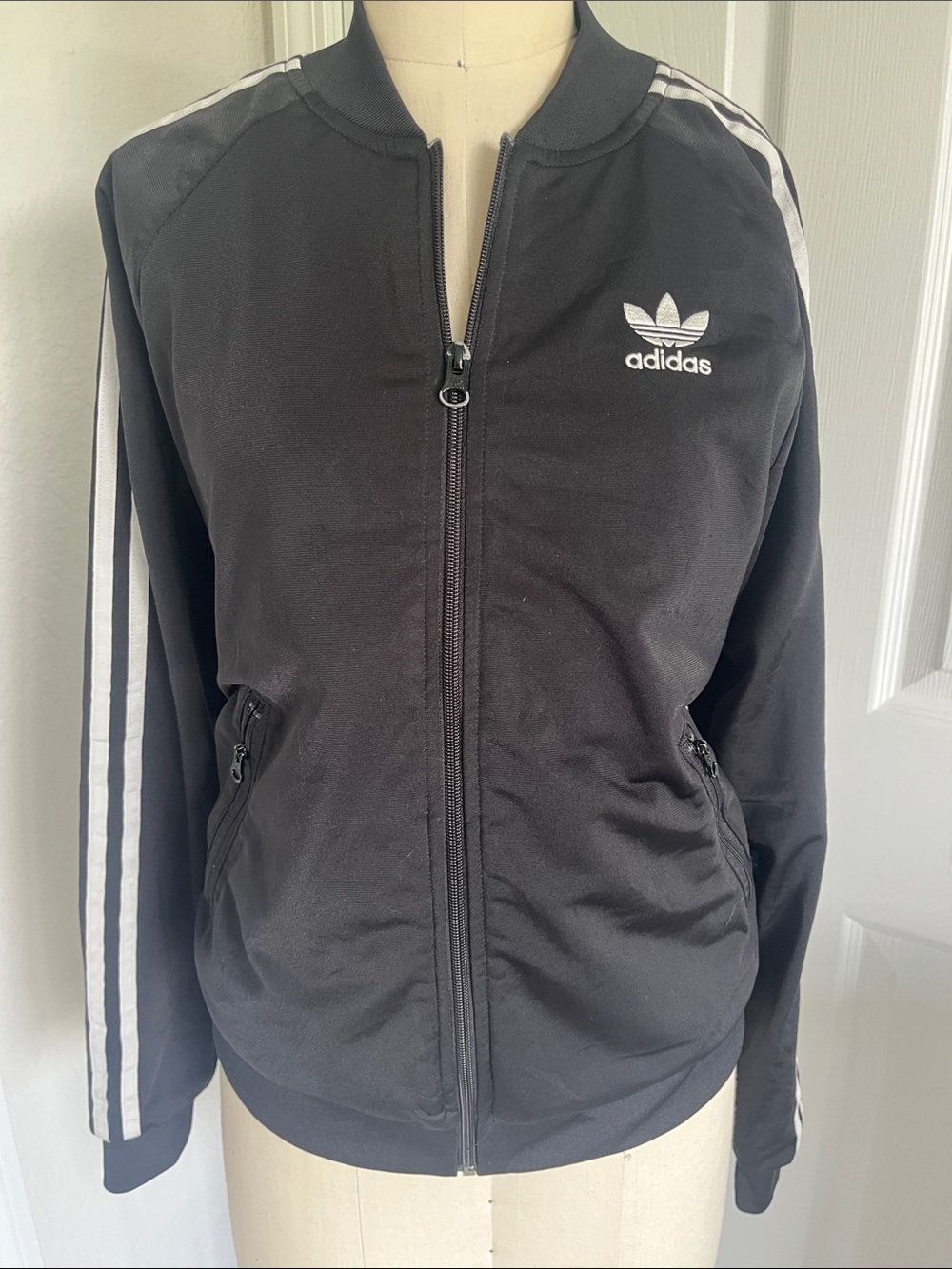 adidas Black Track Bomber Jacket with White Stripes sporty athleisure 90s Y2K